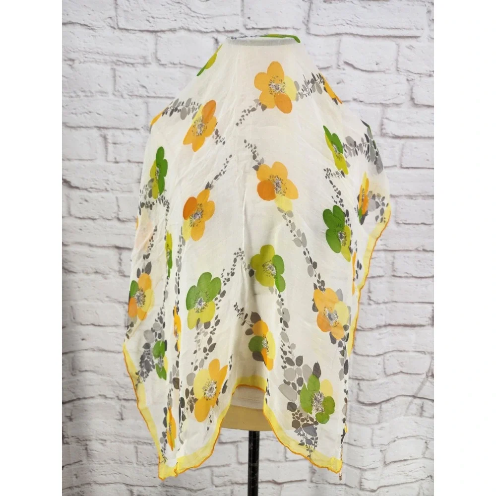 Vintage Glamour Sheer Floral Scarf Retro Garden Party Pansy Boho Cottage Rayon